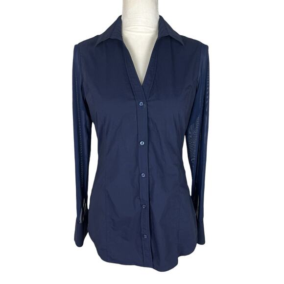 Anatomie Beth Button-Front Shirt Blue Mesh Sleeve Collared Blouse Size Small - Picture 2 of 7